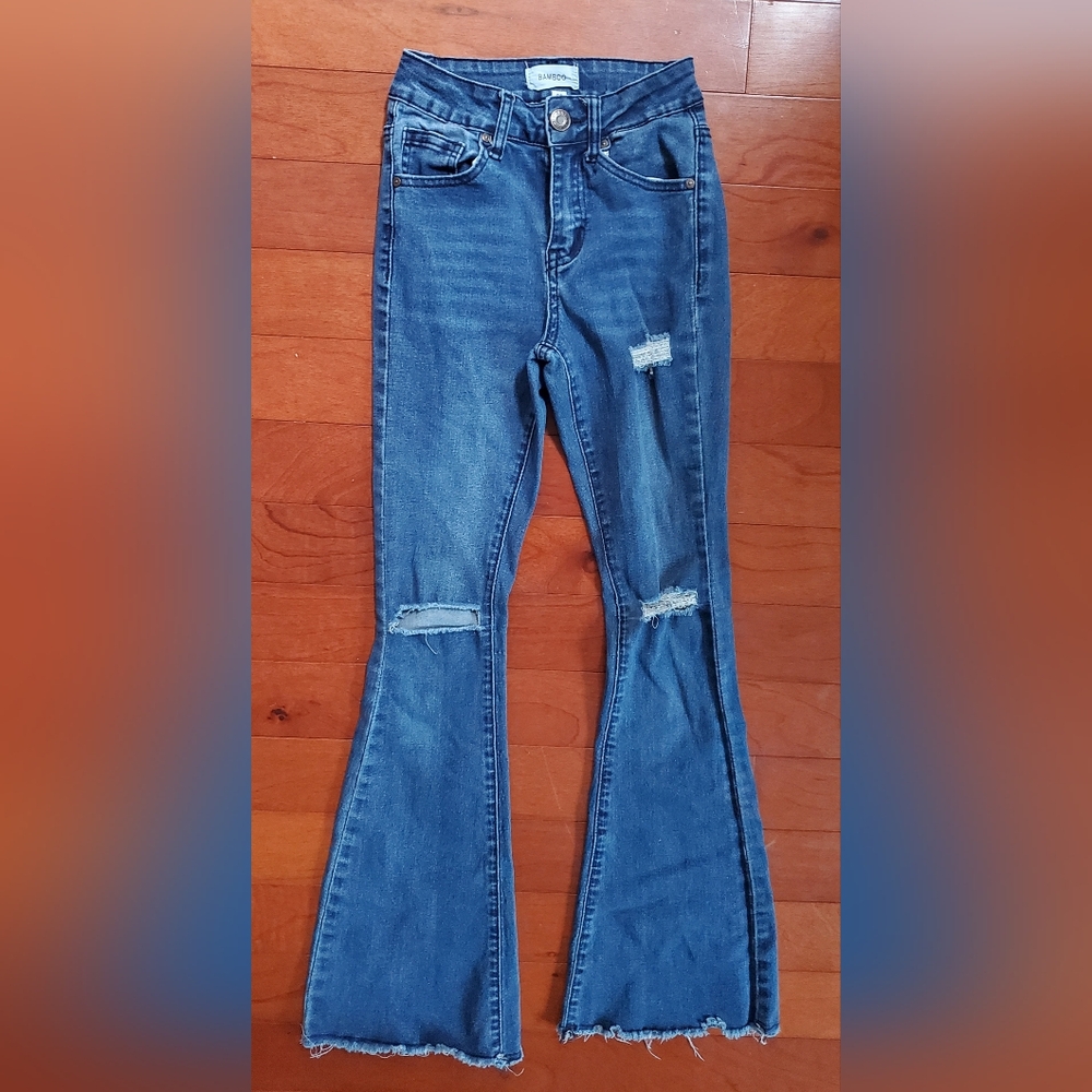 BAMBOO Blue Flare Wide Leg Jeans with Distressed Details Size 00